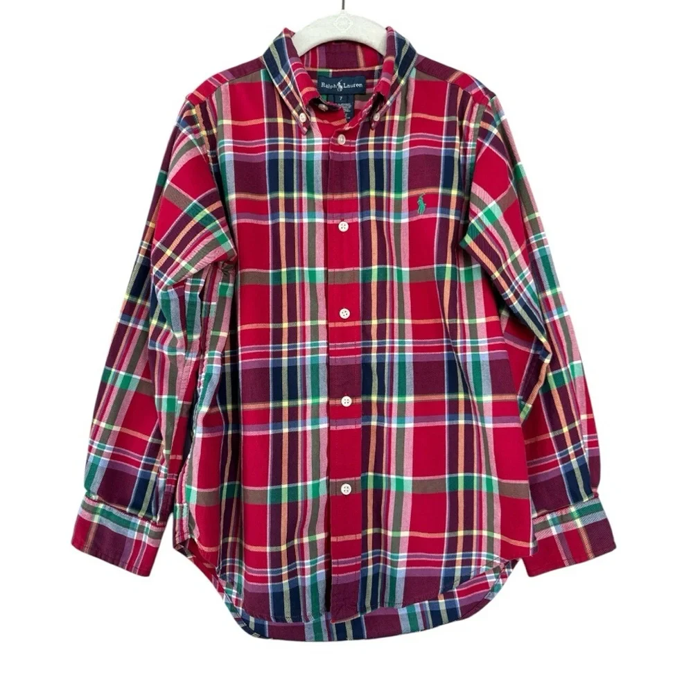 Ralph Lauren Boys Red Green Navy Plaid Button-Down Shirt